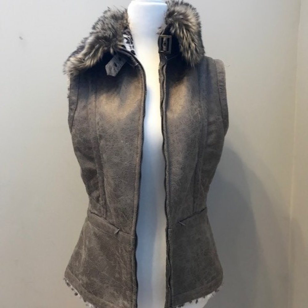 Faux Suede Vest with Faux Fur Collar